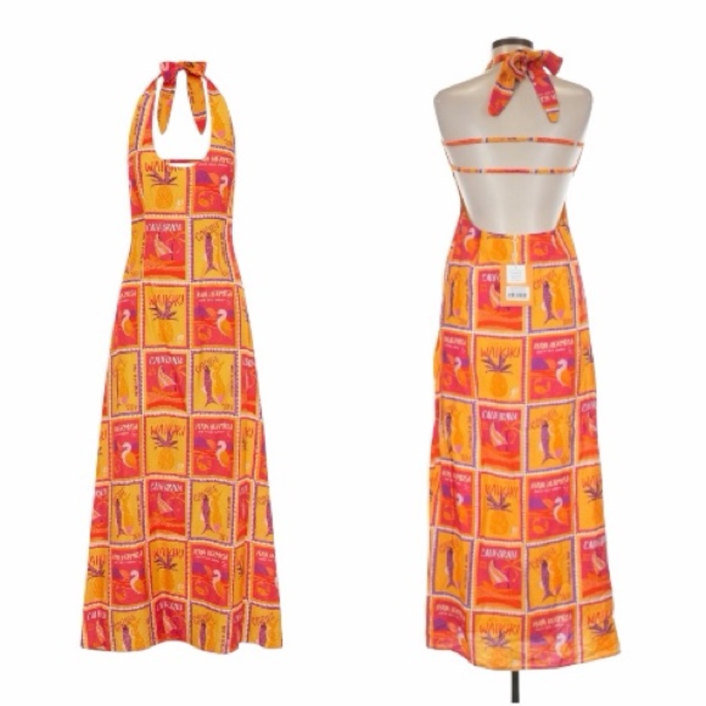 VACANZA RESORT Women’s Halter Maxi Dress in Orange and Pink NWT medium